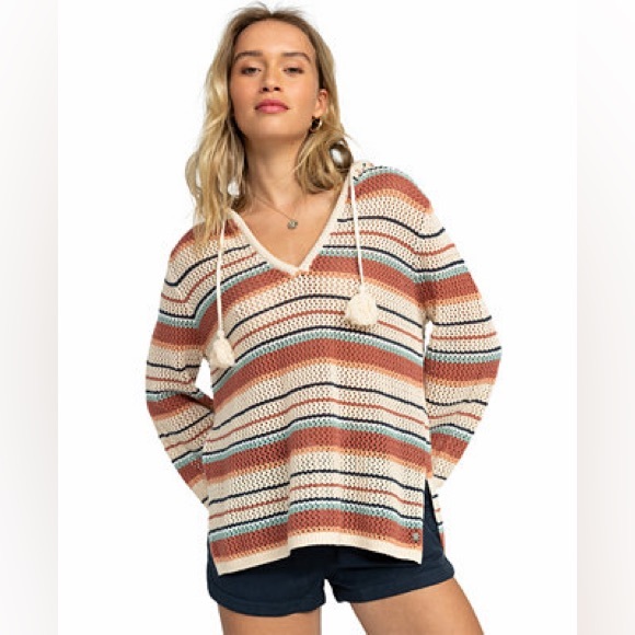 Sweaters - Roxy Striped V-Neck Hooded Knit Sweater with Tassel Ties - Cream & Rust